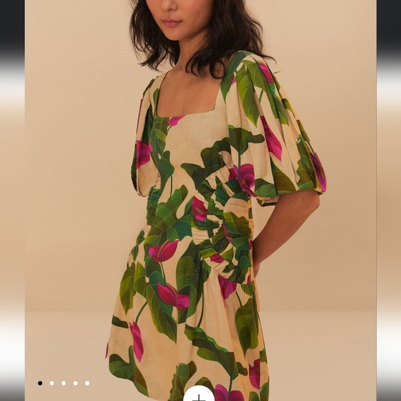 Farm Rio Linen Floral Print Dress with Puff Sleeves - Picture 1 of 4